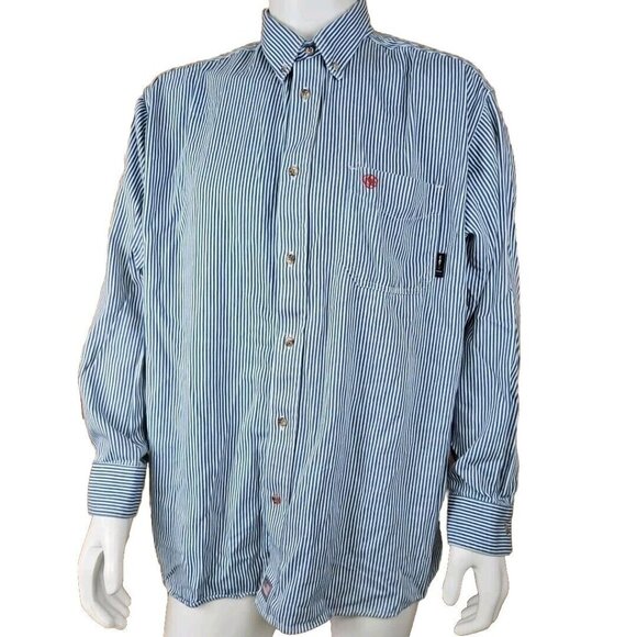 Ariat Flame Resistant Work Shirt Men 2XL XXL Blue Stripe Button Down FR Workwear - Picture 1 of 15